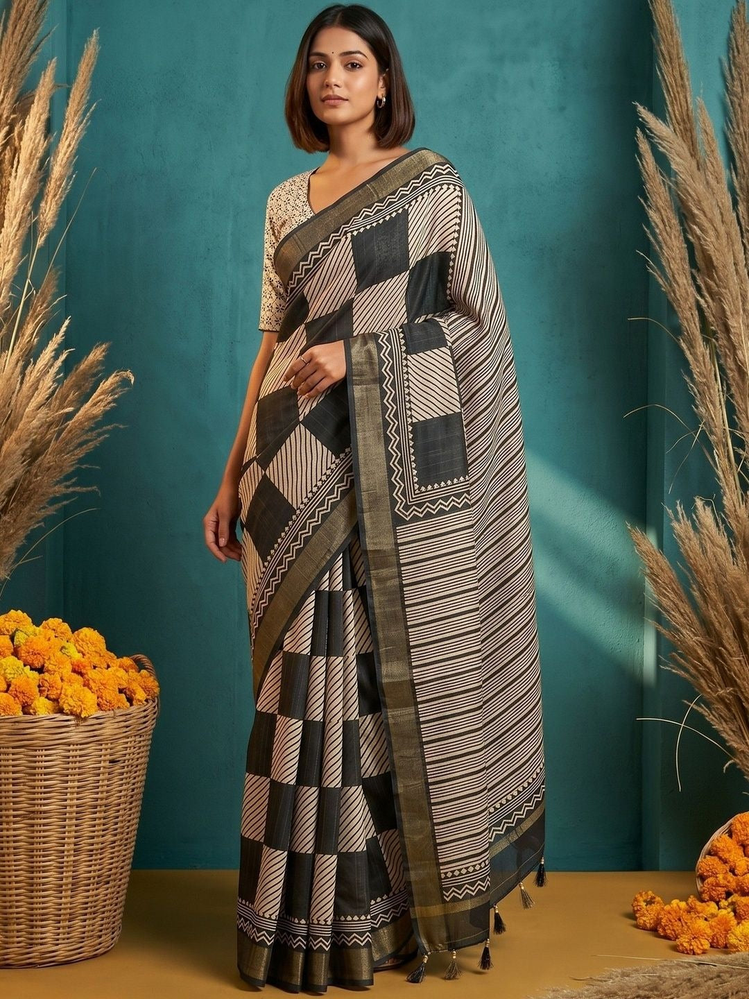 Women Embroidered Satin Silk Saree with Attached Blouse Wear Saree