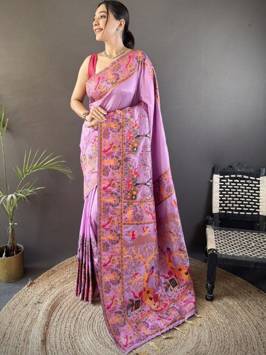 Women Satin Silk Embroidered Saree with Attached Blouse Premium Festive Wear Saree