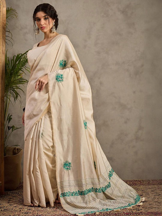 Women Pure Fendy Satin Saree with Intricate Embroidery & Blouse Wedding Wear Saree