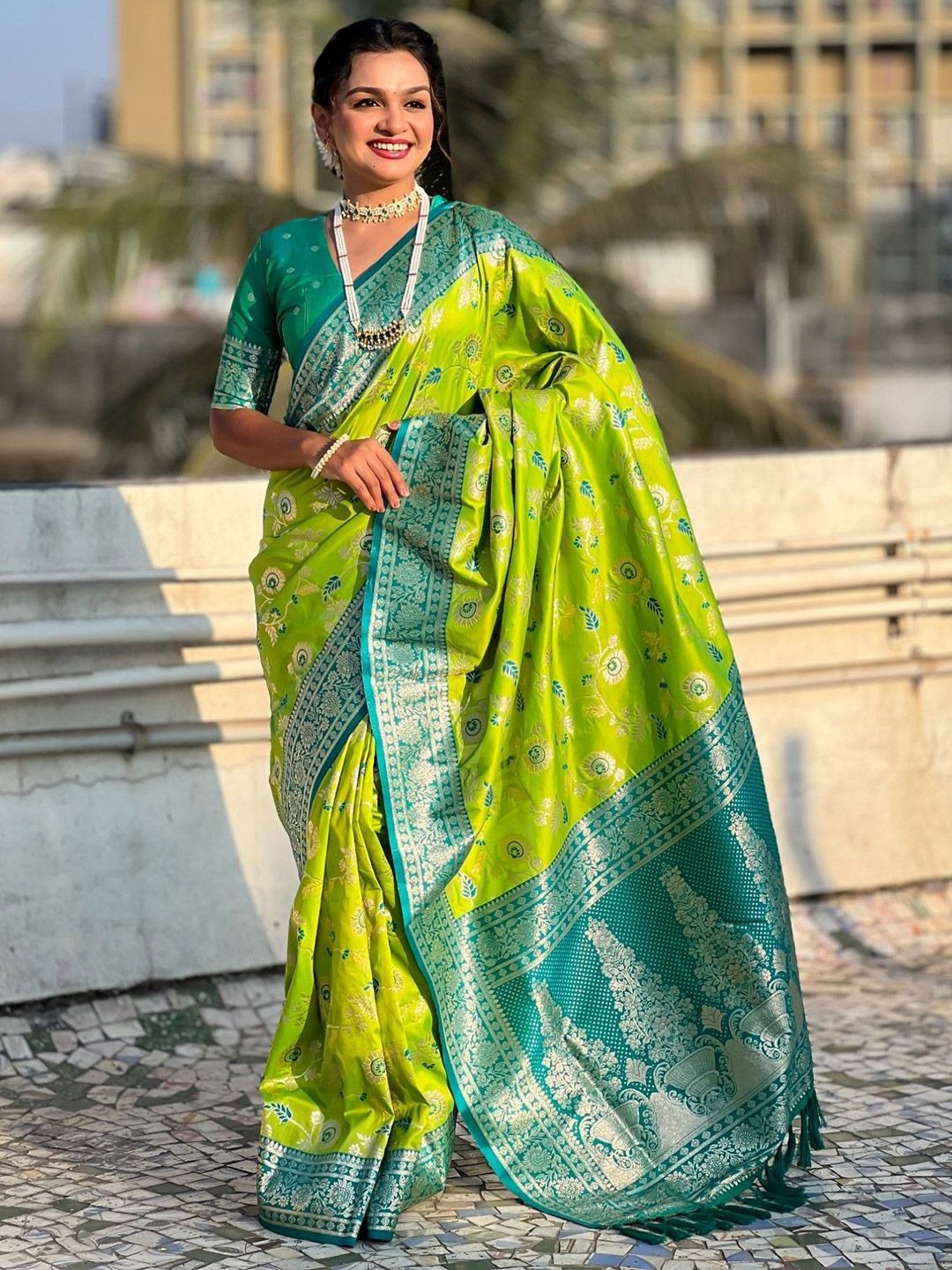Women Fendy Satin Silk Saree with Embroidered Border & Blouse Festive Ethnic Wear
