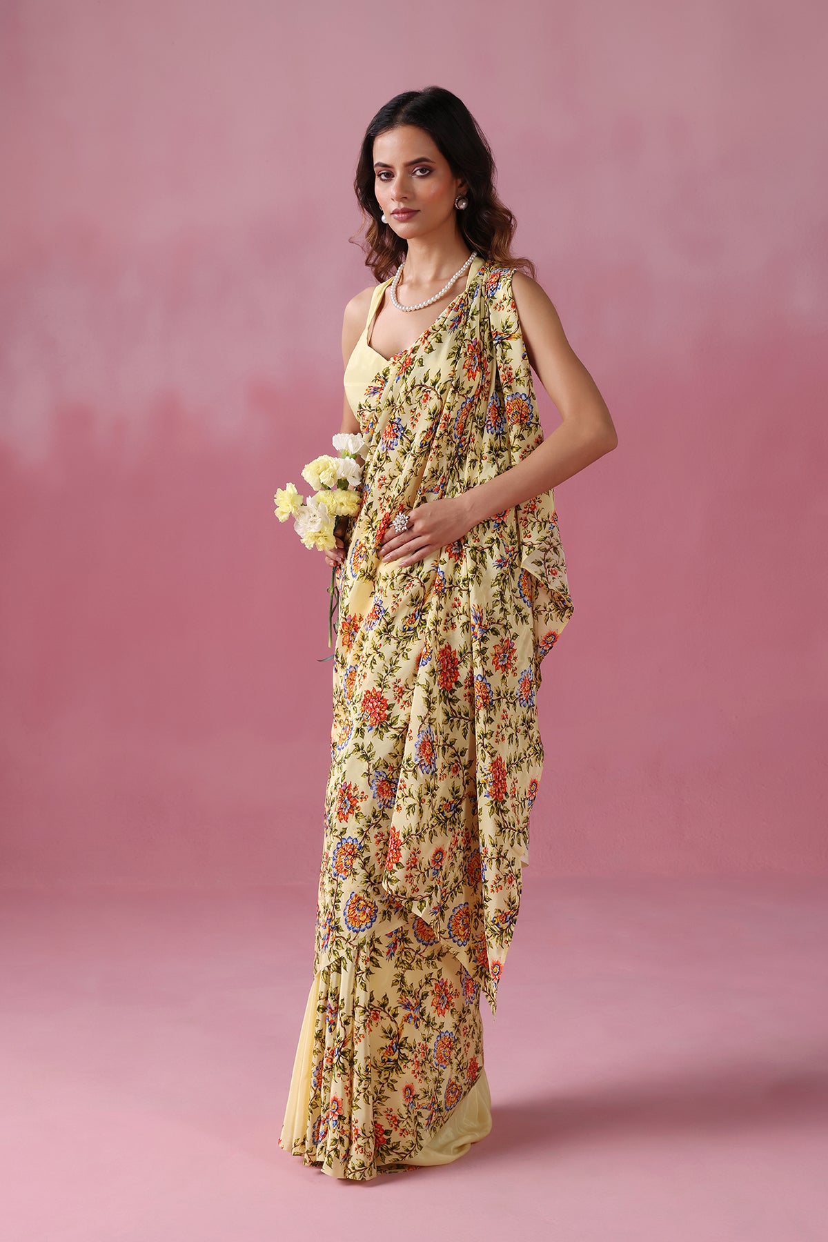 Vasanti - Butter Yellow Elegance with A Half Floral Touch.