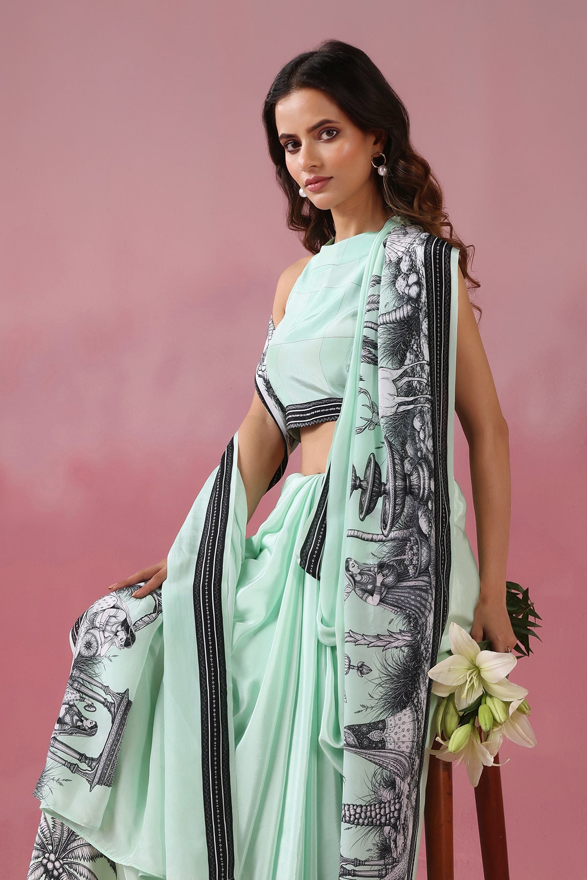 Mintara – Mint Green Drape Adorned with Kalamkari Motifs
