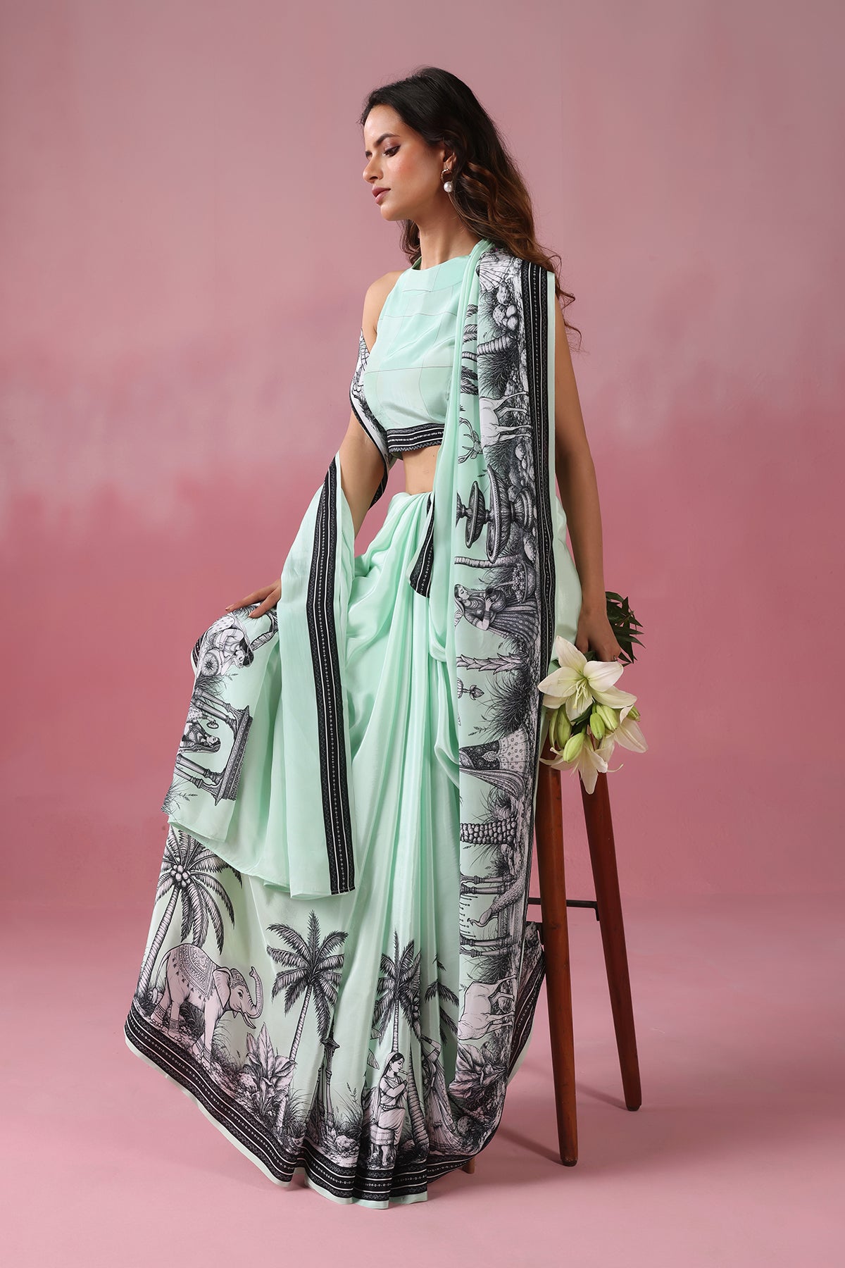 Mintara – Mint Green Drape Adorned with Kalamkari Motifs