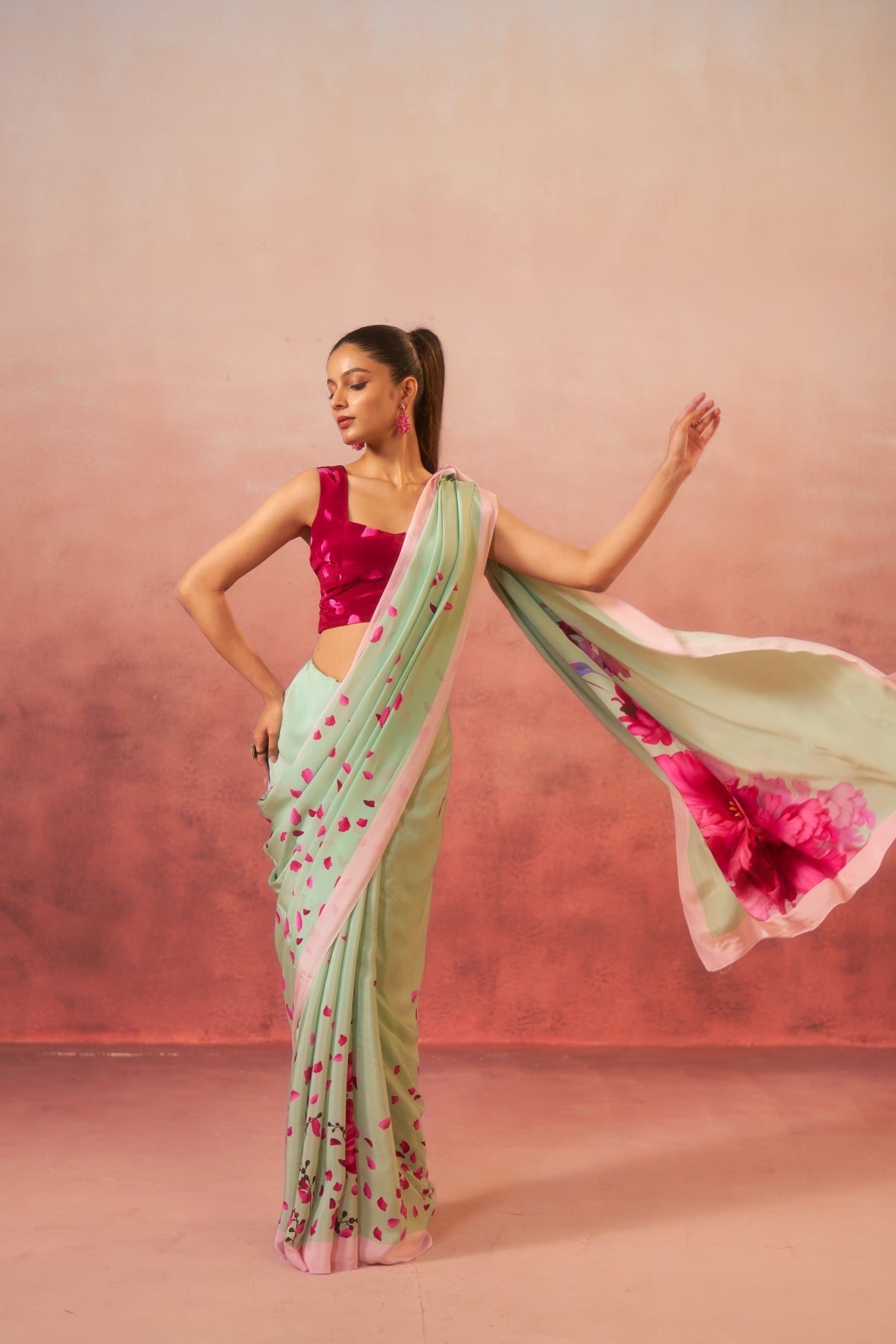 Gulbagh – Garden of Grace in Green & Pink (Pure Crepe)