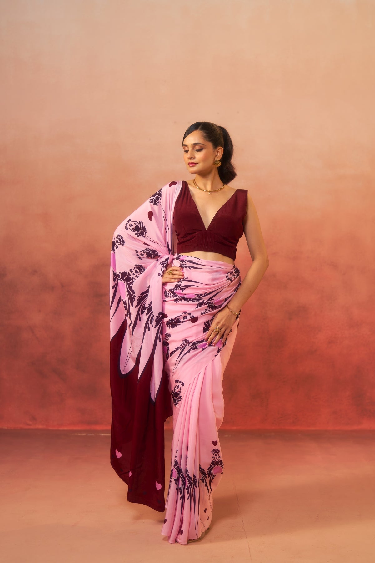 Gulnaar - Pink with Maroon Motifs Saree (Pure Crepe)