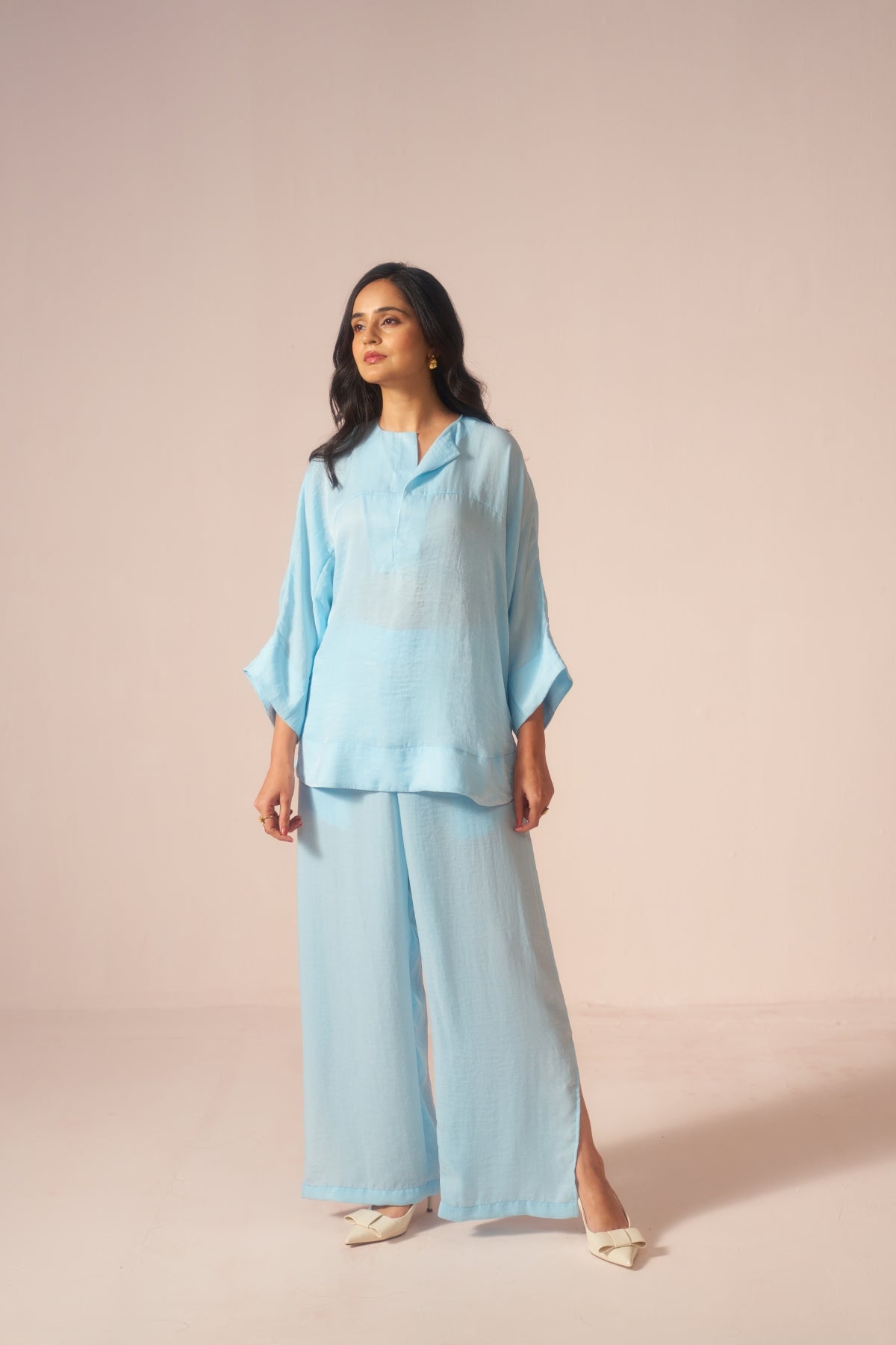 Sky Drift – Sky Blue Coord Set with Slit Pants