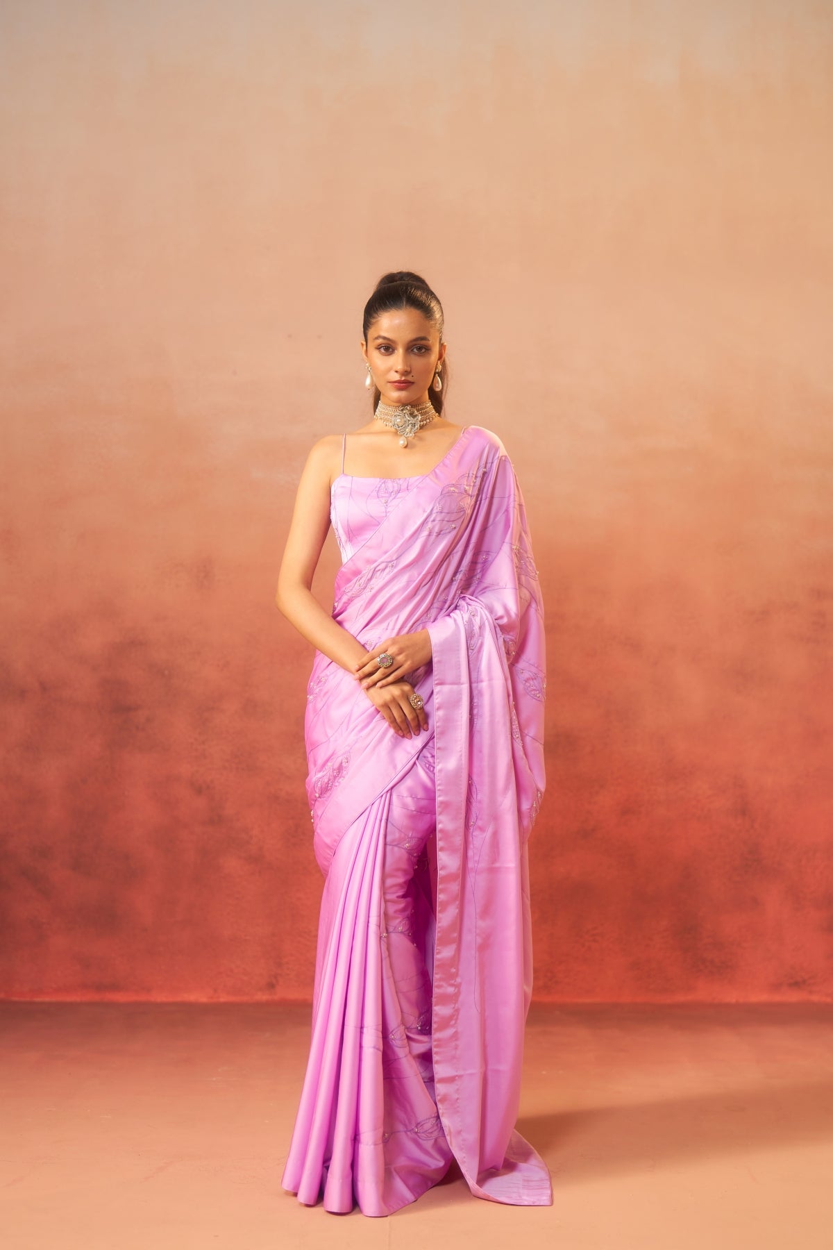 Shabnam – Lilac Saree with Pearl Border & Embroidery
