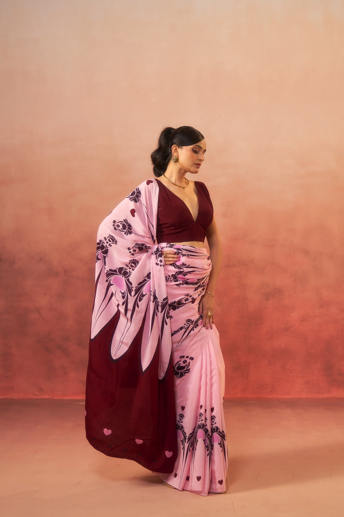 Gulnaar - Pink with Maroon Motifs Saree (Pure Crepe)