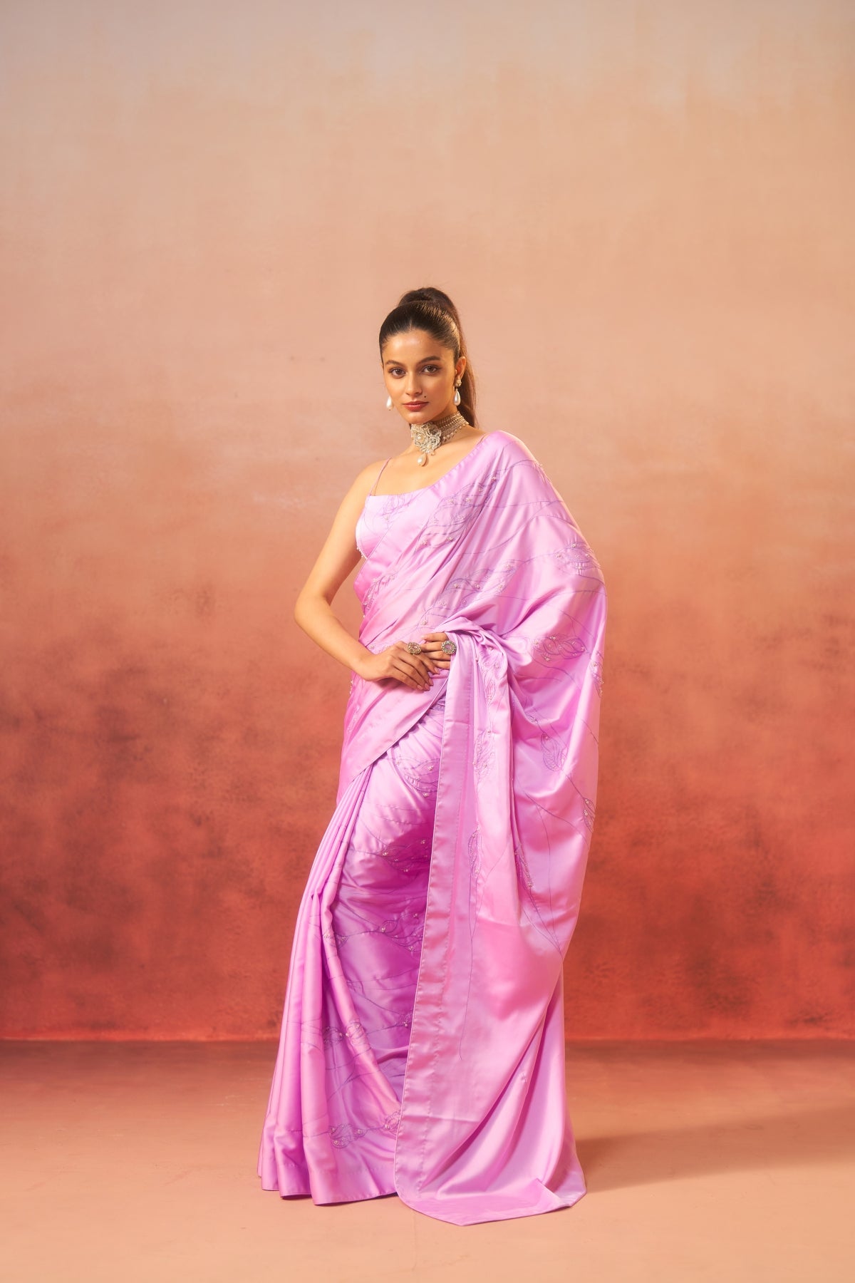 Shabnam – Lilac Saree with Pearl Border & Embroidery