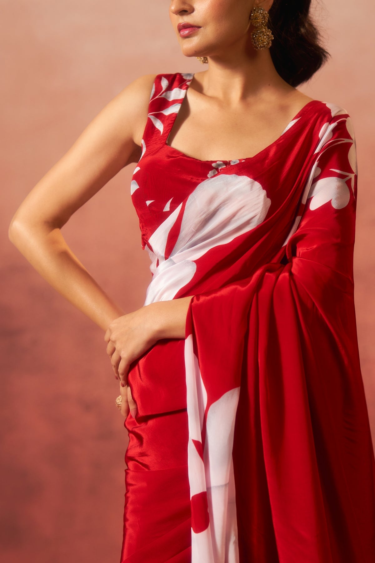 Surkh Phool – Red Saree with White Floral Elegance