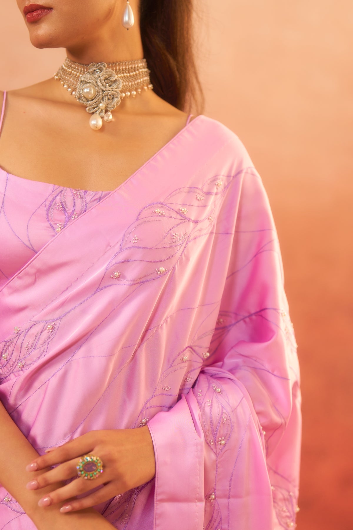 Shabnam – Lilac Saree with Pearl Border & Embroidery