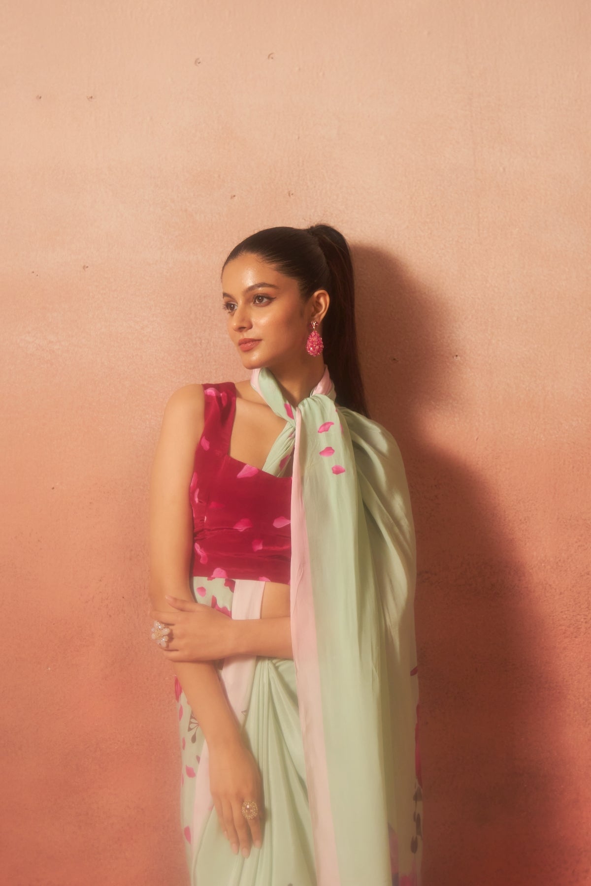 Gulbagh – Garden of Grace in Green & Pink (Pure Crepe)