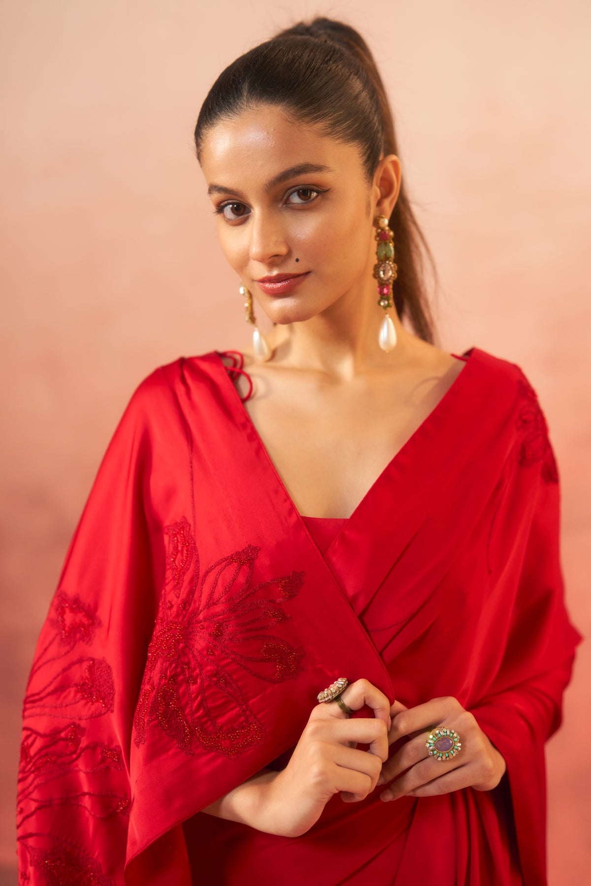 Gul-e-Noor – Hand-Embroidered Red Saree