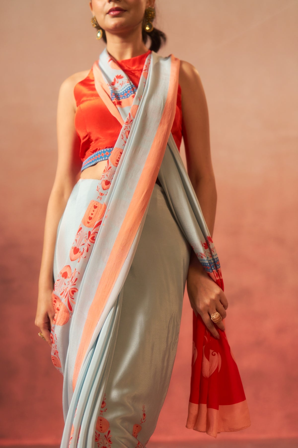Samudra – Waves of Blue & Orange Elegance (Pure Crepe)