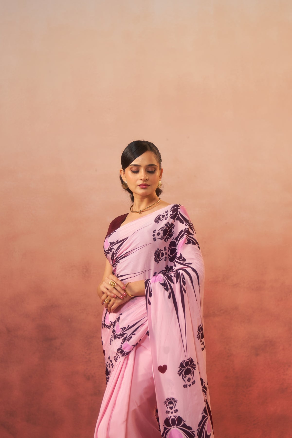 Gulnaar - Pink with Maroon Motifs Saree (Pure Crepe)