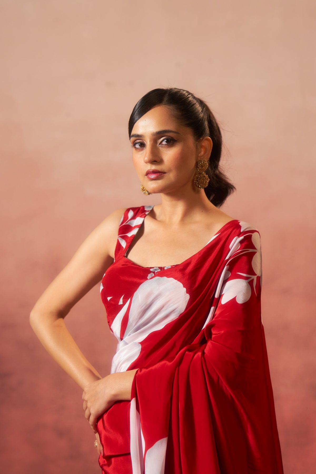 Surkh Phool – Red Saree with White Floral Elegance