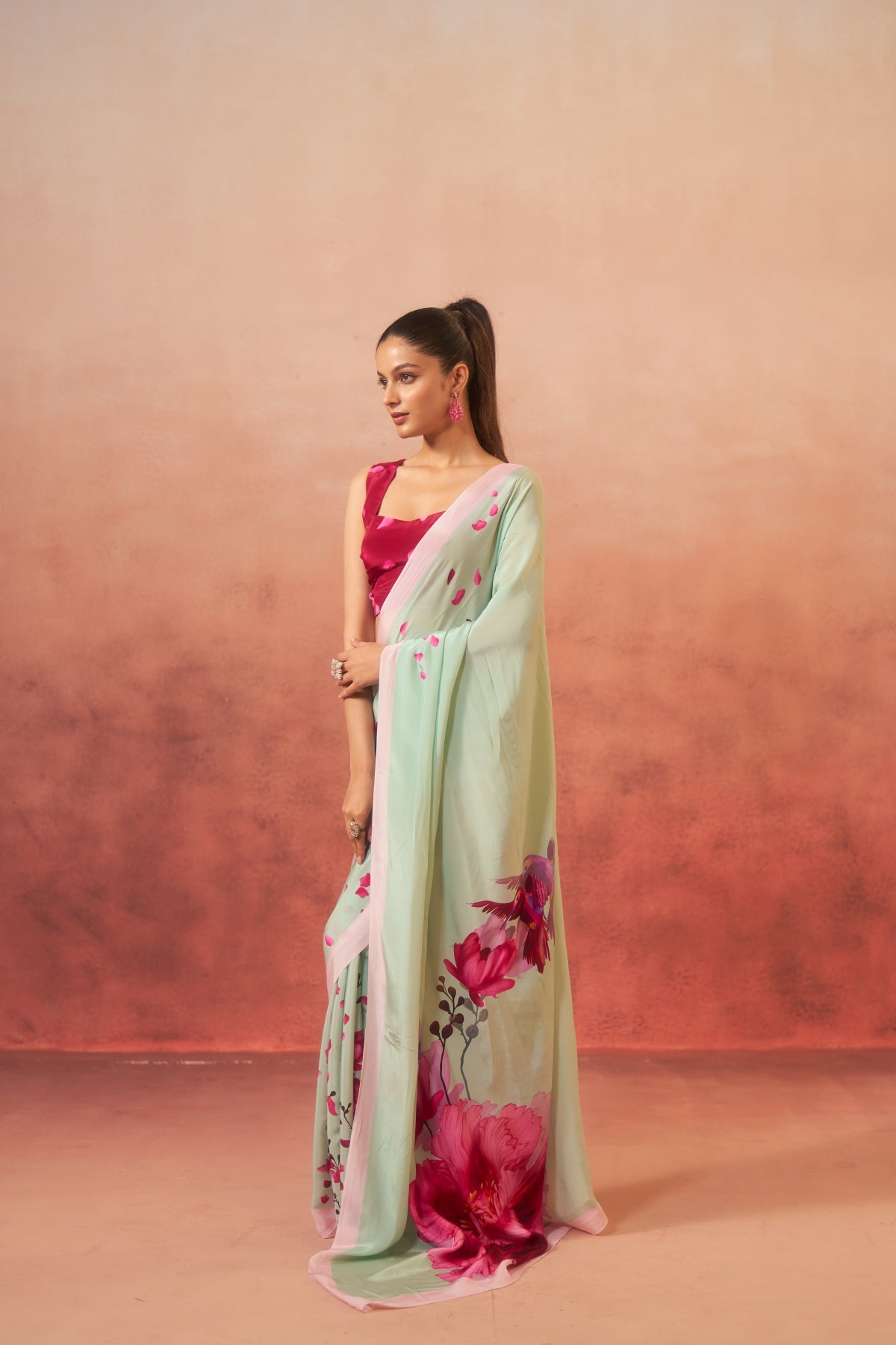 Gulbagh – Garden of Grace in Green & Pink (Pure Crepe)
