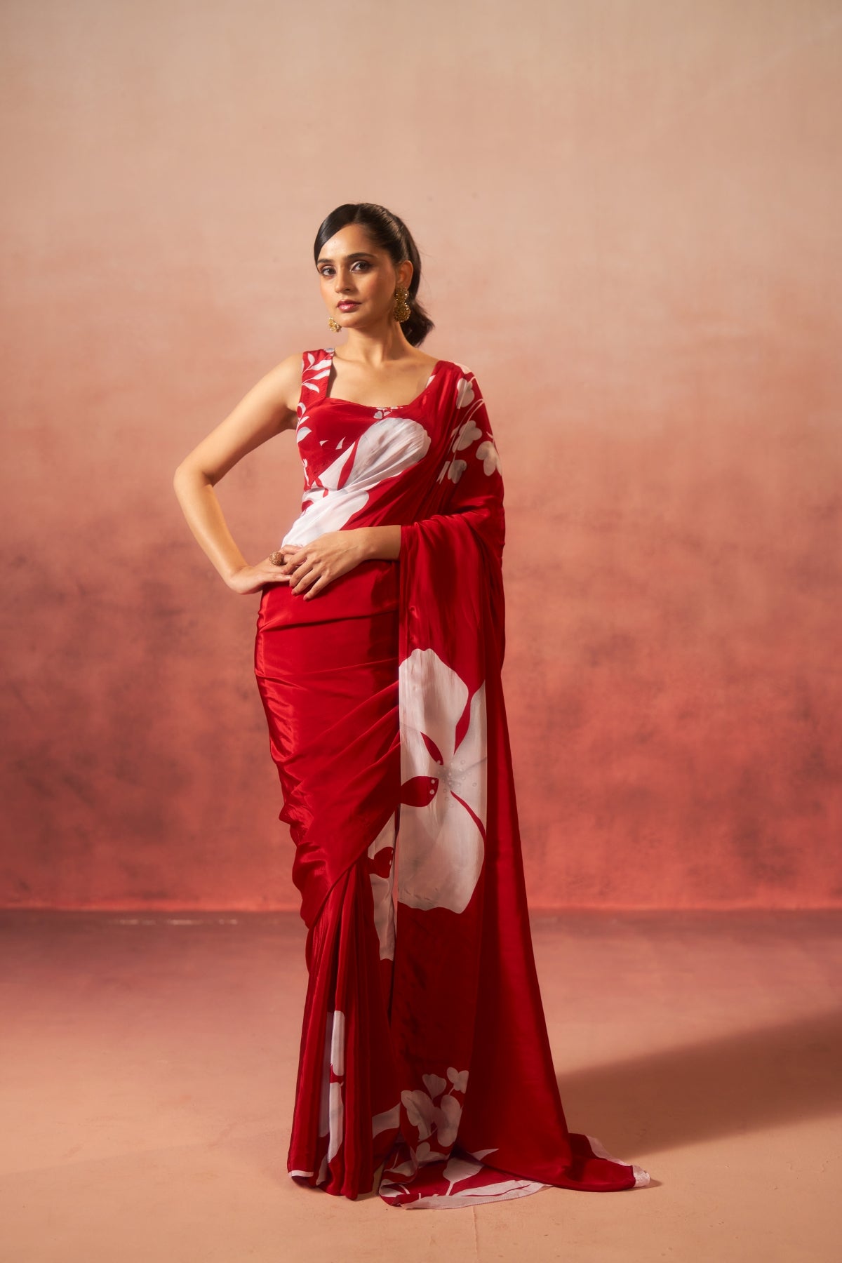 Surkh Phool – Red Saree with White Floral Elegance