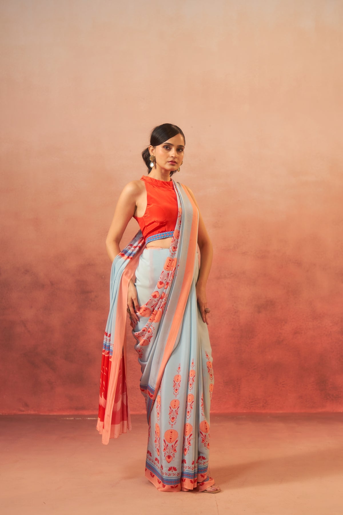 Samudra – Waves of Blue & Orange Elegance (Pure Crepe)