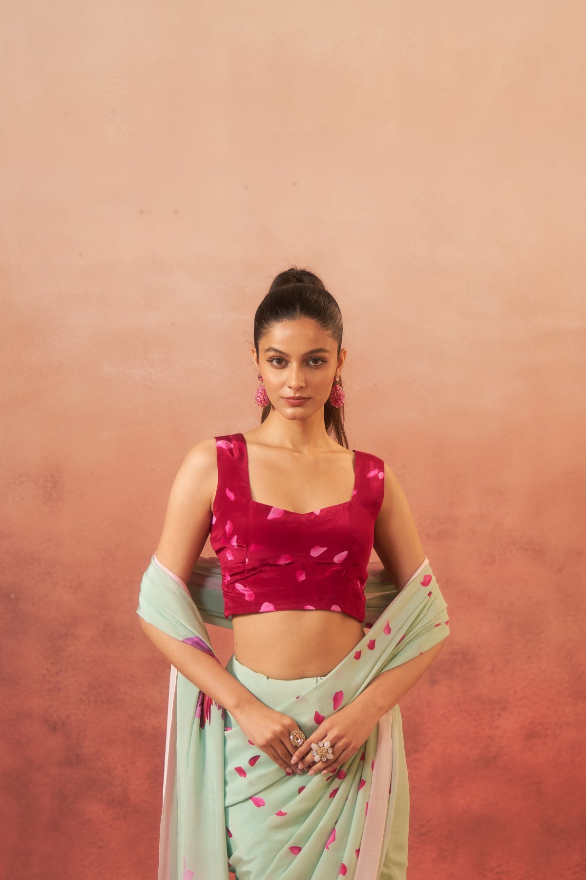 Gulbagh – Garden of Grace in Green & Pink (Pure Crepe)