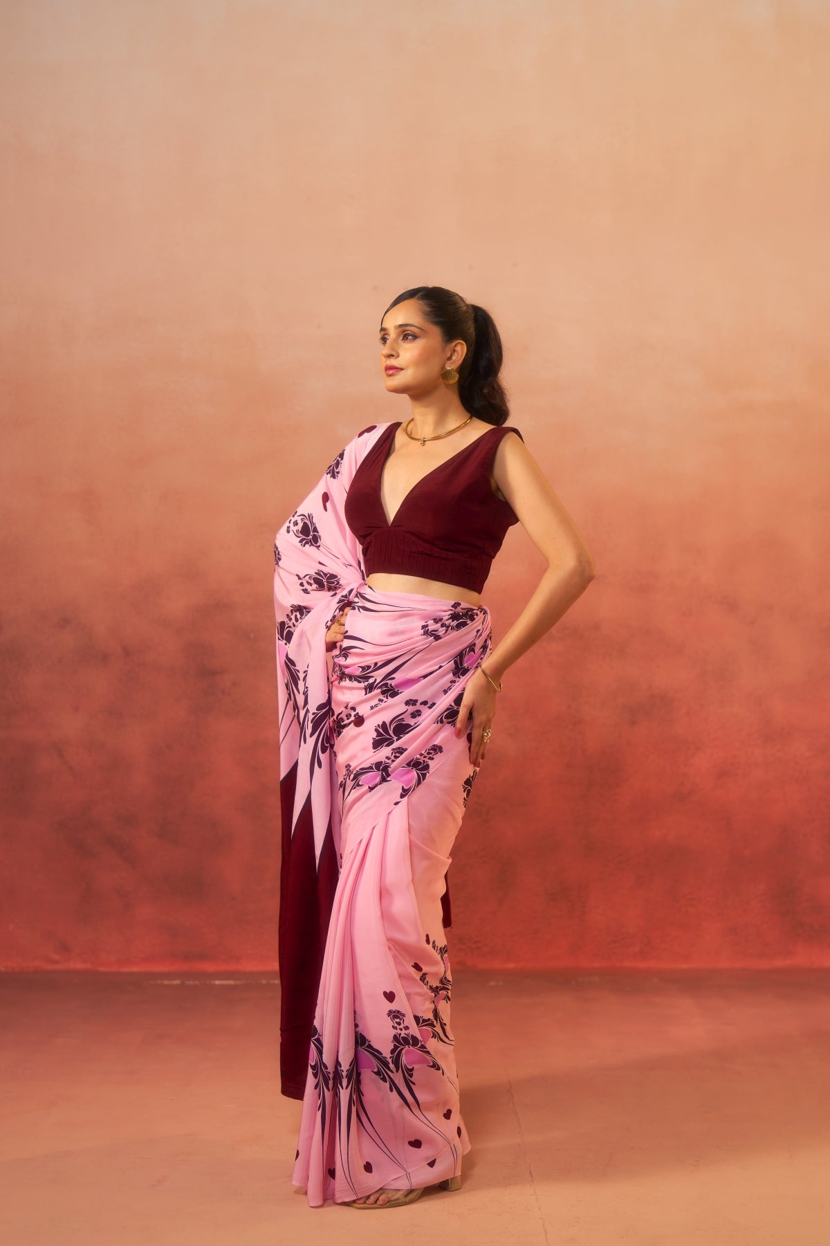 Gulnaar - Pink with Maroon Motifs Saree (Pure Crepe)