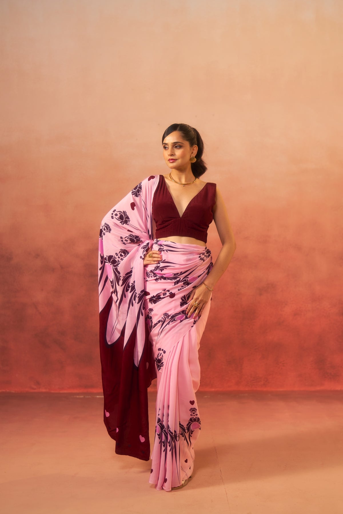 Gulnaar - Pink with Maroon Motifs Saree (Pure Crepe)