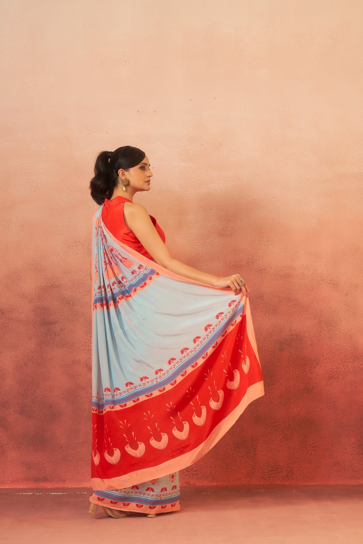 Samudra – Waves of Blue & Orange Elegance (Pure Crepe)