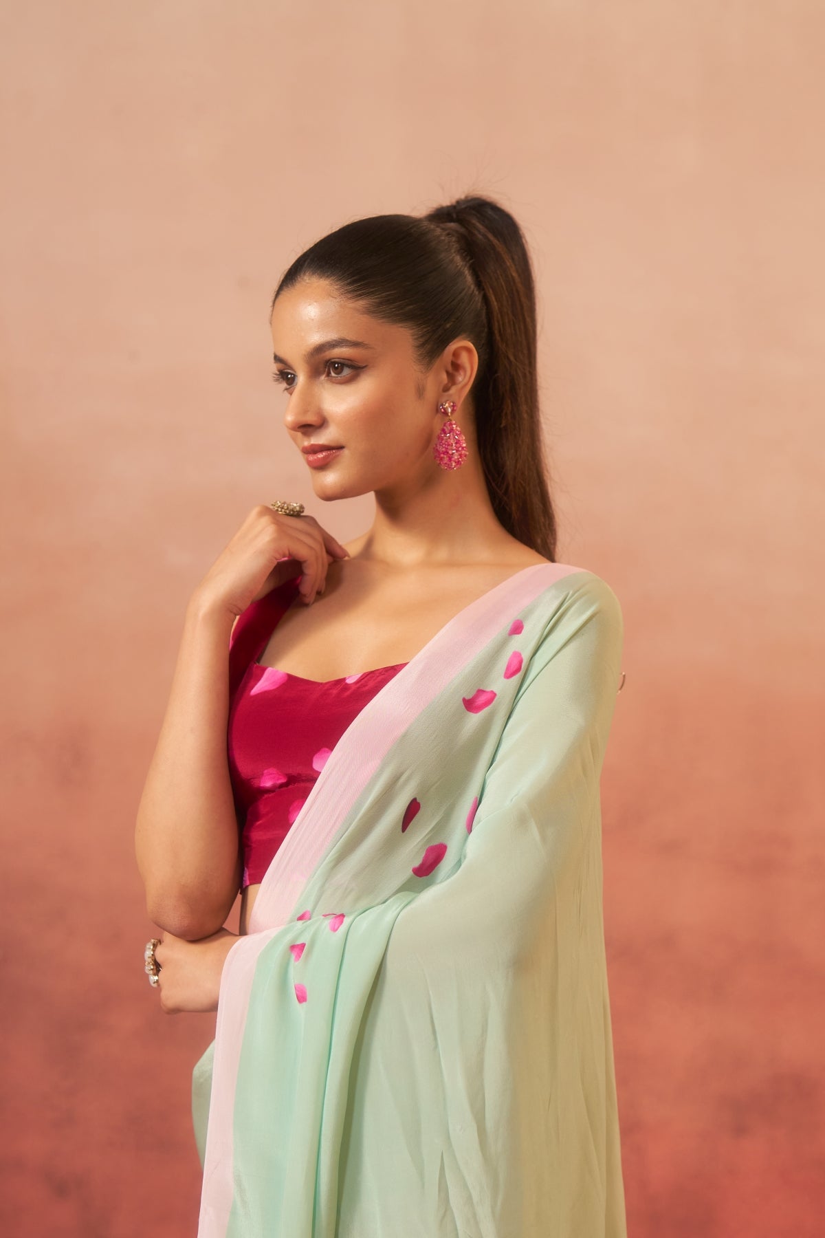 Gulbagh – Garden of Grace in Green & Pink (Pure Crepe)