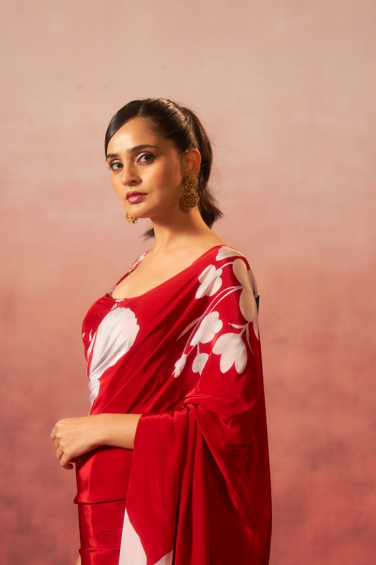 Surkh Phool – Red Saree with White Floral Elegance