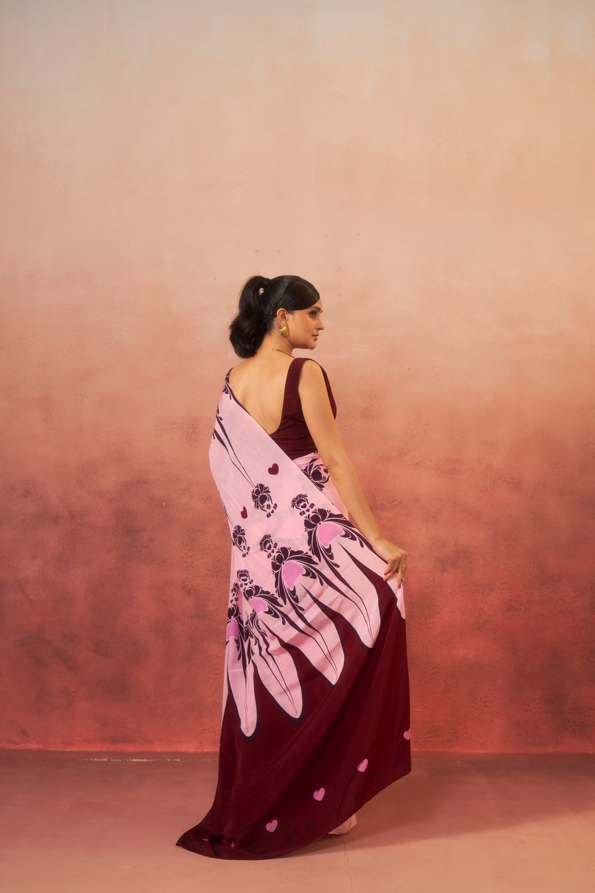 Gulnaar - Pink with Maroon Motifs Saree (Pure Crepe)