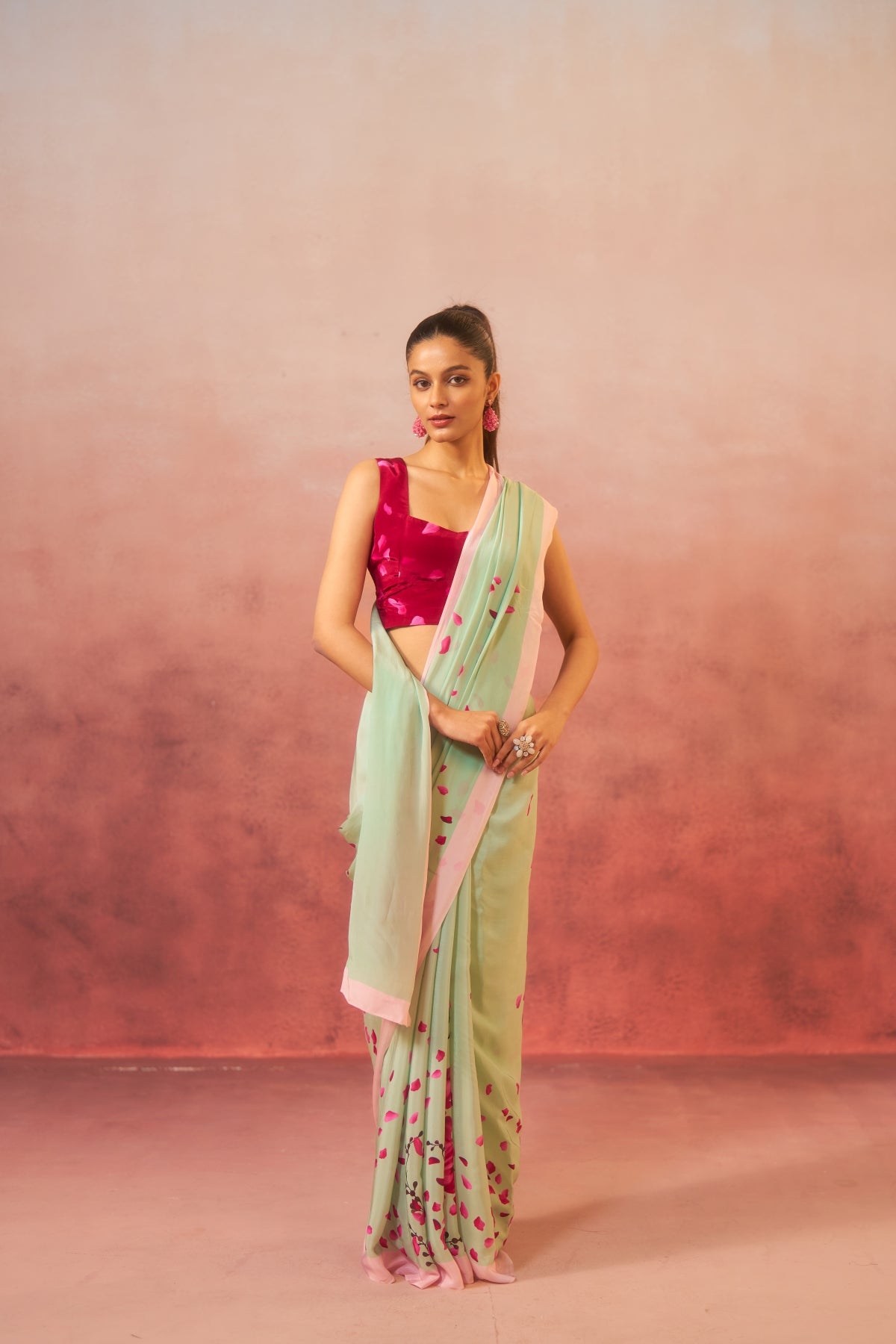 Gulbagh – Garden of Grace in Green & Pink (Pure Crepe)