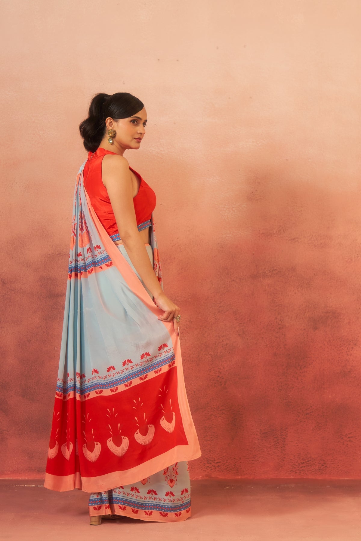 Samudra – Waves of Blue & Orange Elegance (Pure Crepe)