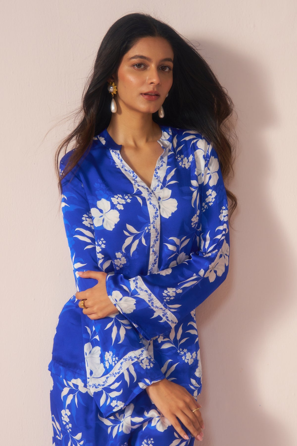 Neelphool – Blue Coord Set with White Floral Elegance