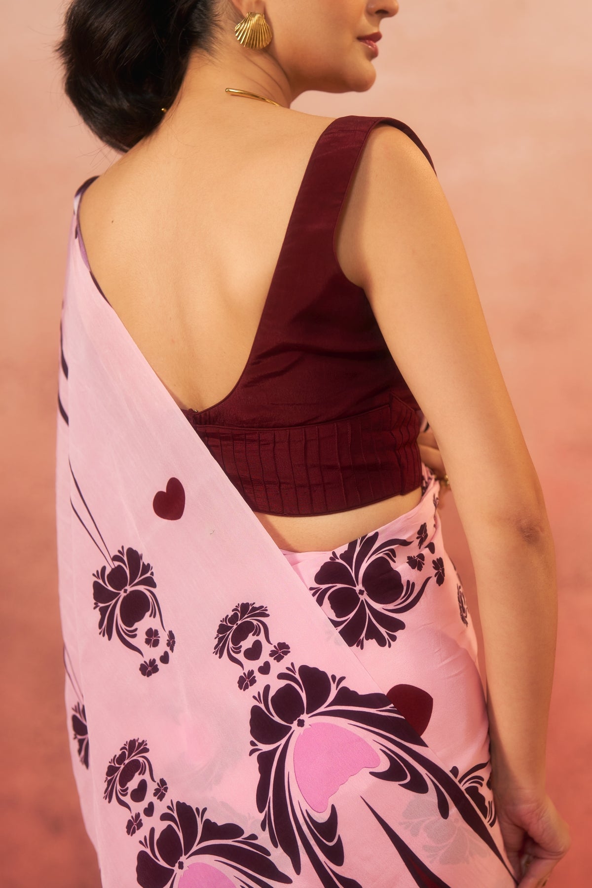 Gulnaar - Pink with Maroon Motifs Saree (Pure Crepe)