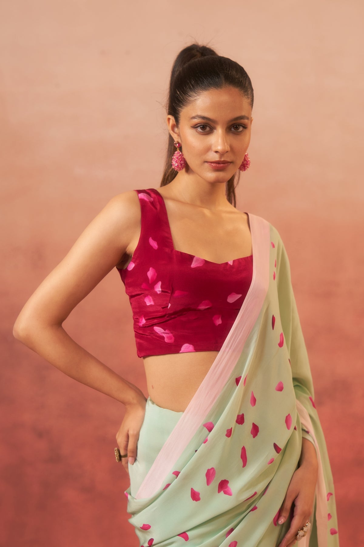 Gulbagh – Garden of Grace in Green & Pink (Pure Crepe)