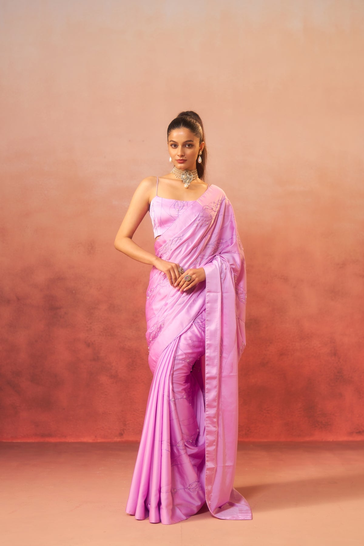 Shabnam – Lilac Saree with Pearl Border & Embroidery