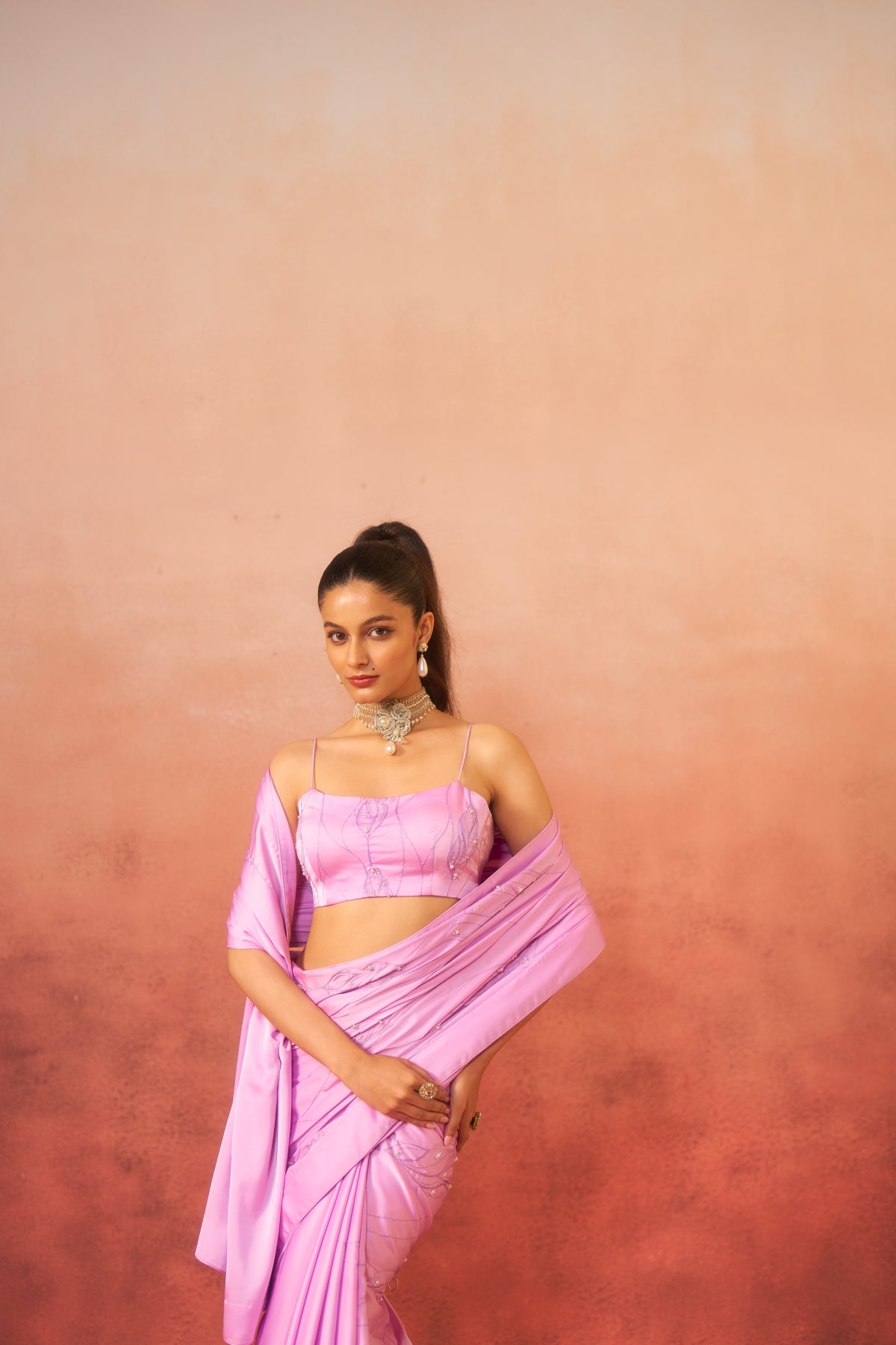 Shabnam – Lilac Saree with Pearl Border & Embroidery