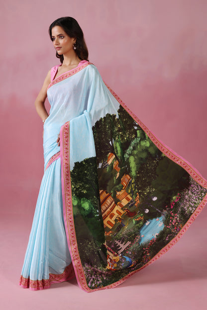 Neel Mahal-Blue Saree with Royal Garden Motifs