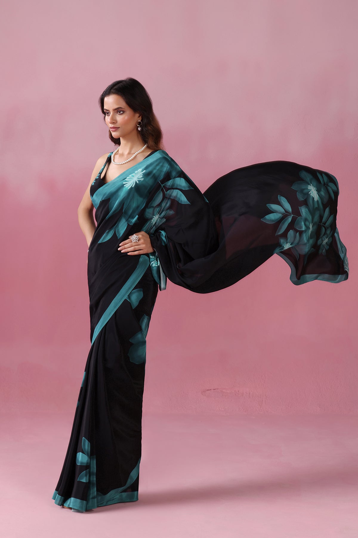 Shyamhari-Black Saree with Green Bloom