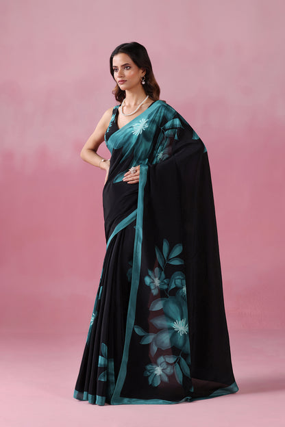 Shyamhari-Black Saree with Green Bloom