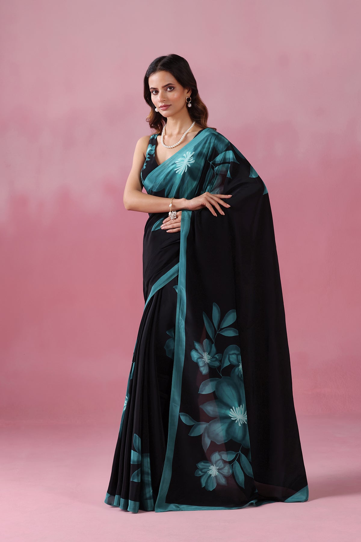 Shyamhari-Black Saree with Green Bloom