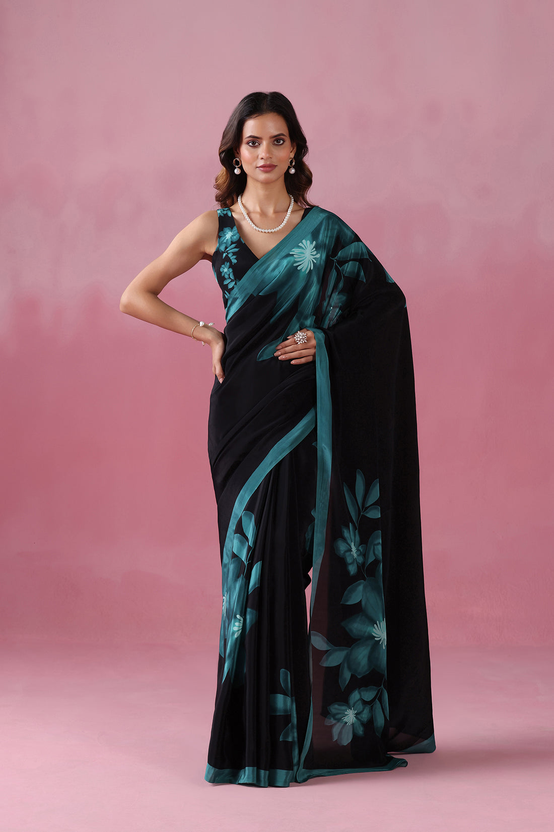Shyamhari-Black Saree with Green Bloom