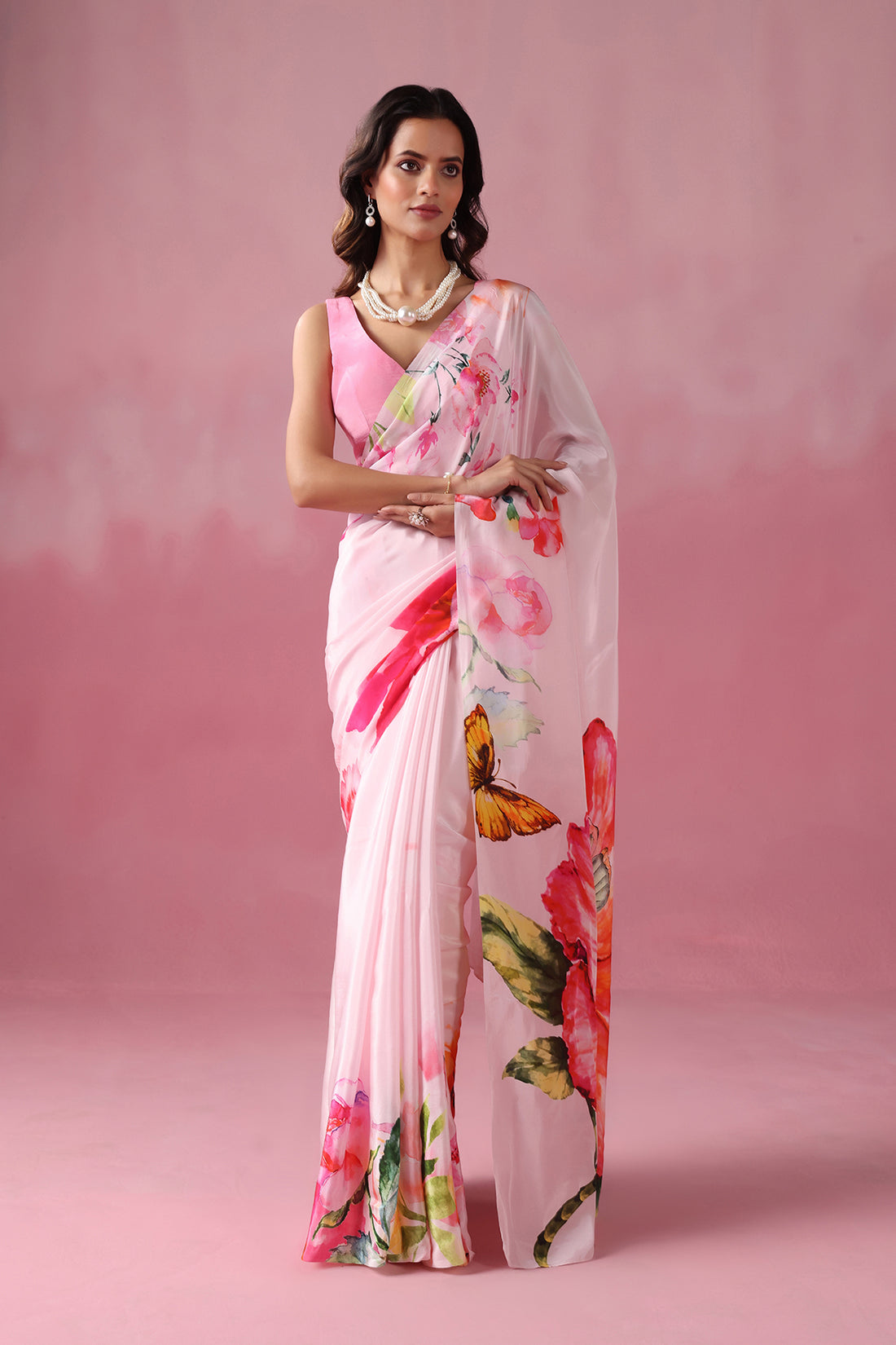 Pankh- Soft Pink Elegance with Delicate Floral Borders