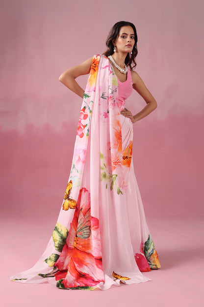 Pankh- Soft Pink Elegance with Delicate Floral Borders