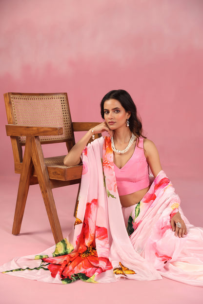 Pankh- Soft Pink Elegance with Delicate Floral Borders
