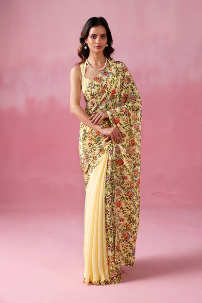 Vasanti - Butter Yellow Elegance with A Half Floral Touch.