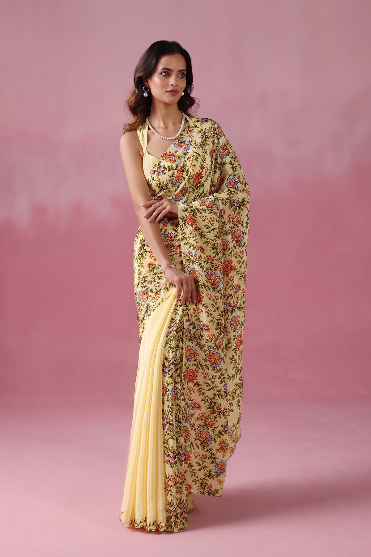 Vasanti - Butter Yellow Elegance with A Half Floral Touch.