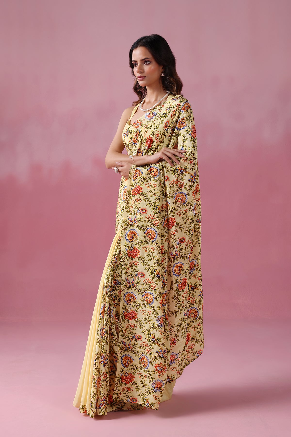 Vasanti - Butter Yellow Elegance with A Half Floral Touch.