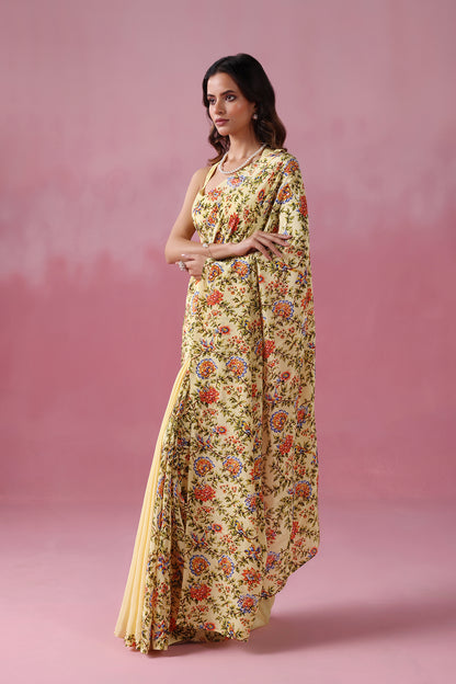 Vasanti - Butter Yellow Elegance with A Half Floral Touch.
