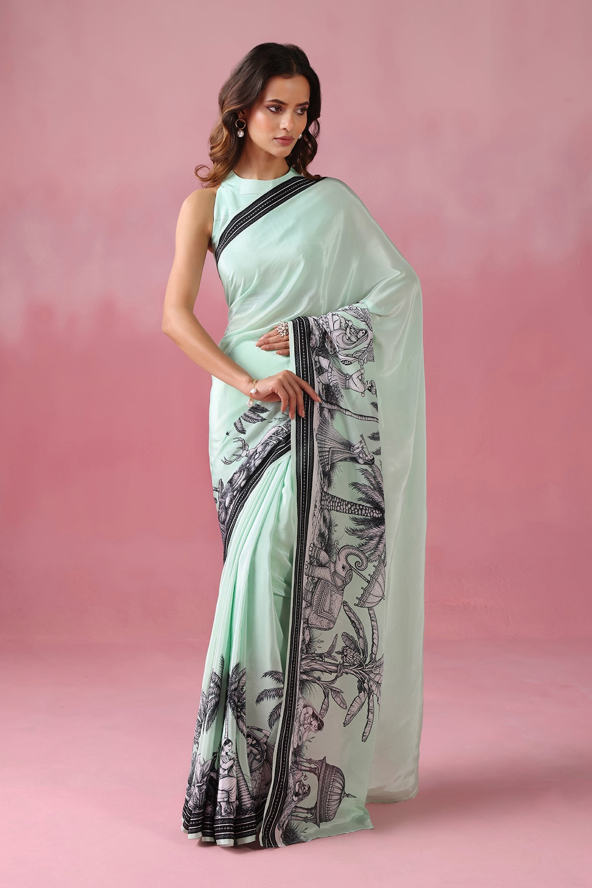 Mintara – Mint Green Drape Adorned with Kalamkari Motifs